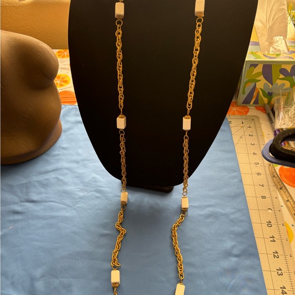 54” Brushed gold tone Necklace with white rectangle beads with clasp - Picture 1 of 3